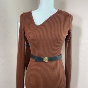 ASOS Chocolate Brown Ribbed Knit Dress Long Sleeve Bodycon